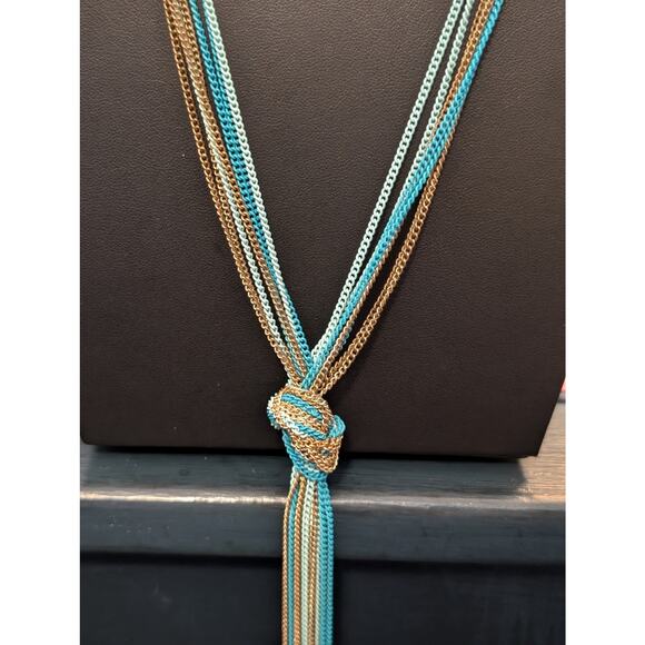Multi-Blue & Gold Chain Knotted Tassel Long Necklace - Picture 2 of 7